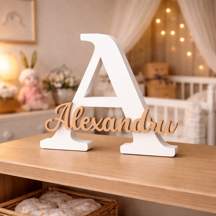 Decoratiune initiala si nume camera copilului "Alexandru", ~12x10x1.5 cm, alb si caramel mat, printat 3D, cadou nou nascut, cadou mame, parinti, ornament minimalist