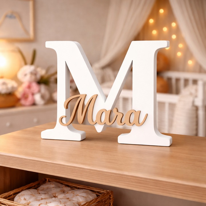 Decoratiune initiala si nume camera copilului "Mara", ~12x10x1.5 cm, alb si caramel mat, printat 3D, cadou nou nascut, cadou mame, parinti, ornament minimalist