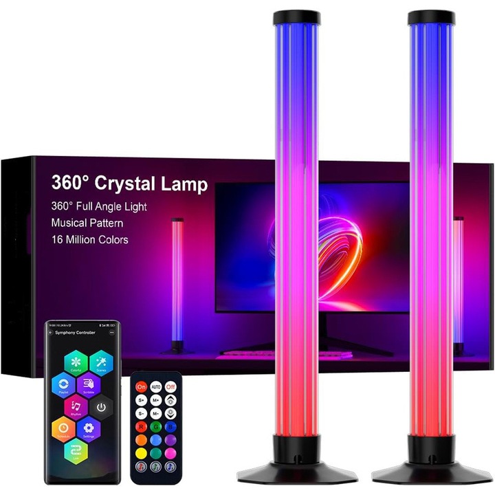 Set 2 Lampi Led smart 360° cu Bluetooth, 42cm, RGB, Lumina ambientala, Sincronizare Muzica, Aplicatie pe Telefon, Control prin Telecomanda, pentru Gaming, TV, Boxa, Conectare usb