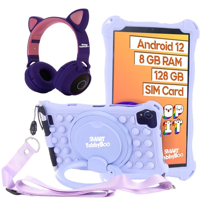 Set tableta copii Popit, 128GB, 8GB RAM, cu Casti Audio mov, Android 12, SIM card si Wi-Fi, OctaCore, ecran 8 inch IPS, 1000 jocuri si activitati educative pentru copii