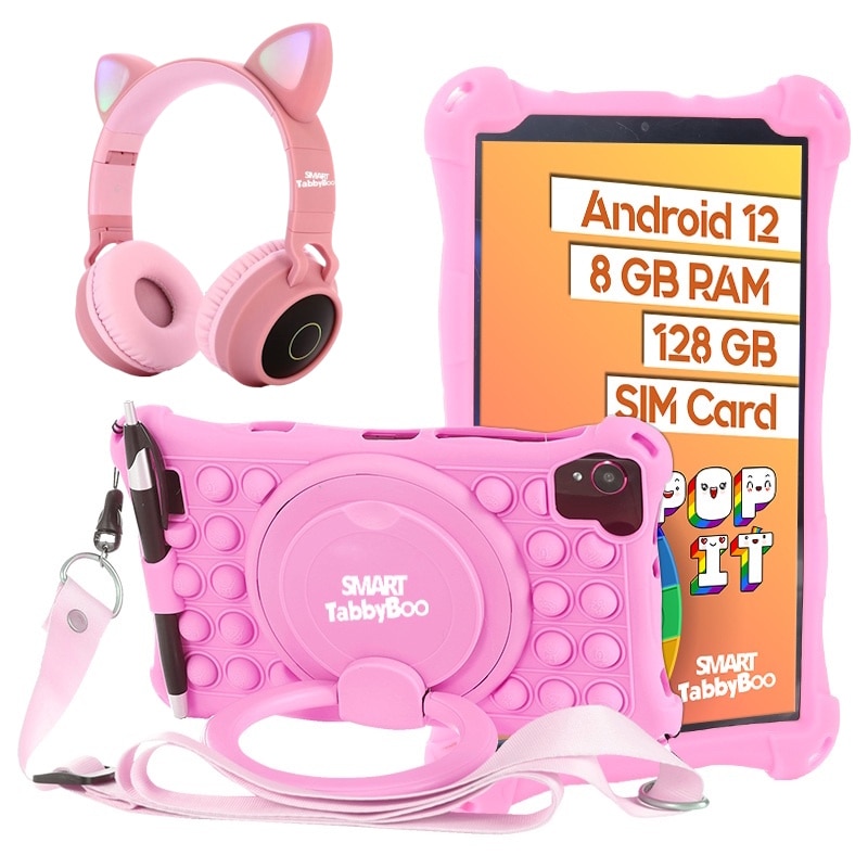 Set tableta Popit, 128GB, 8GB RAM, cu Casti Audio roz, Android 12, SIM card si Wi-Fi, OctaCore, ecran 8 inch IPS, 1000 jocuri si activitati educative pentru copii