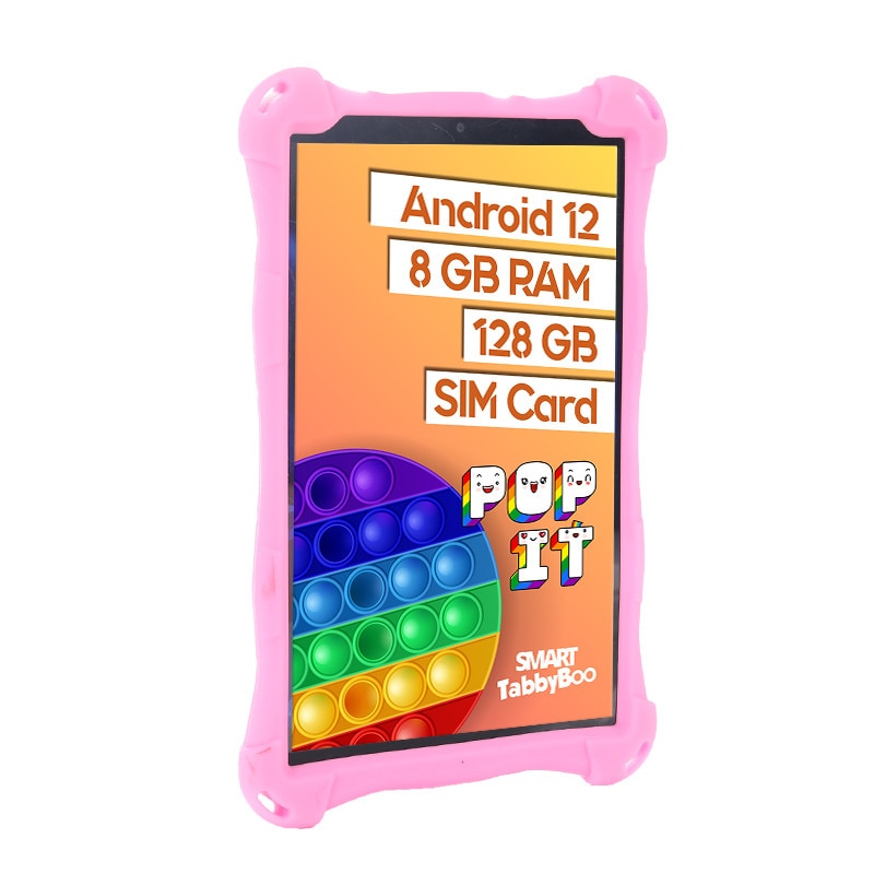 Set tableta Popit, 128GB, 8GB RAM, cu Casti Audio roz, Android 12, SIM card si Wi-Fi, OctaCore, ecran 8 inch IPS, 1000 jocuri si activitati educative pentru copii