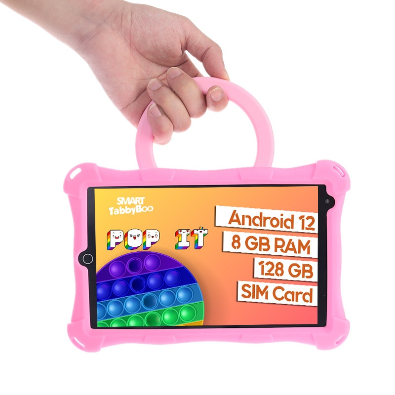 Tableta copii Popit, 8 inch, SIM card si Wi-Fi, 128GB, 8GB RAM, 1000 jocuri si activitati educative pentru copii, cartela SIM cadou, Android 12, OctaCore, ecranIPS, roz