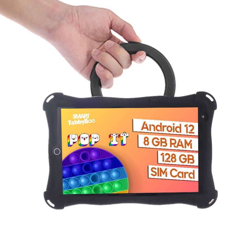 Tableta Popit, 8 inch, SIM card si Wi-Fi, 128GB, 8GB RAM, 1000 jocuri si activitati educative pentru copii, cartela SIM cadou, Android 12, OctaCore, ecranIPS, negru