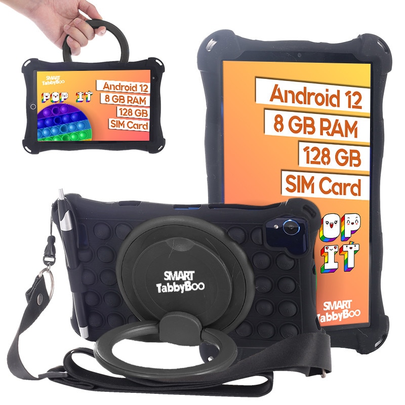 Tableta Popit, 8 inch, SIM card si Wi-Fi, 128GB, 8GB RAM, 1000 jocuri si activitati educative pentru copii, cartela SIM cadou, Android 12, OctaCore, ecranIPS, negru