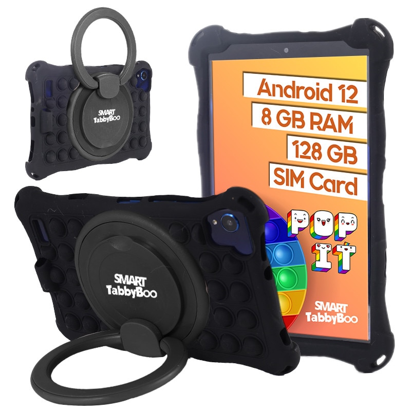 Tableta Popit, 8 inch, SIM card si Wi-Fi, 128GB, 8GB RAM, 1000 jocuri si activitati educative pentru copii, cartela SIM cadou, Android 12, OctaCore, ecranIPS, negru