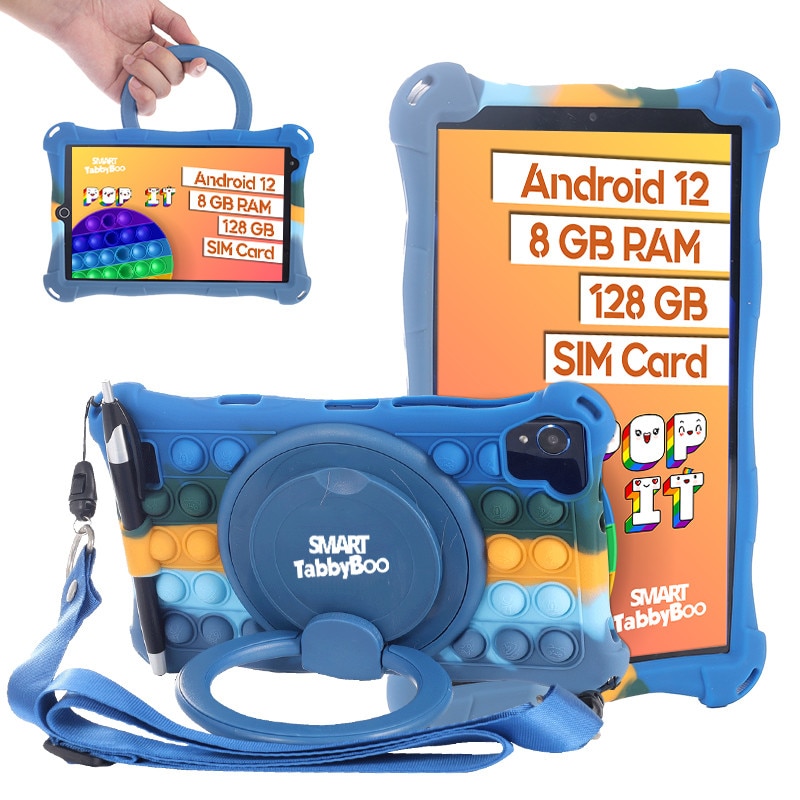 Tableta Popit, 8 inch, SIM card si Wi-Fi, 128GB, 8GB RAM, 1000 jocuri si activitati educative pentru copii, cartela SIM cadou, Android 12, OctaCore, ecranIPS, navy mixt