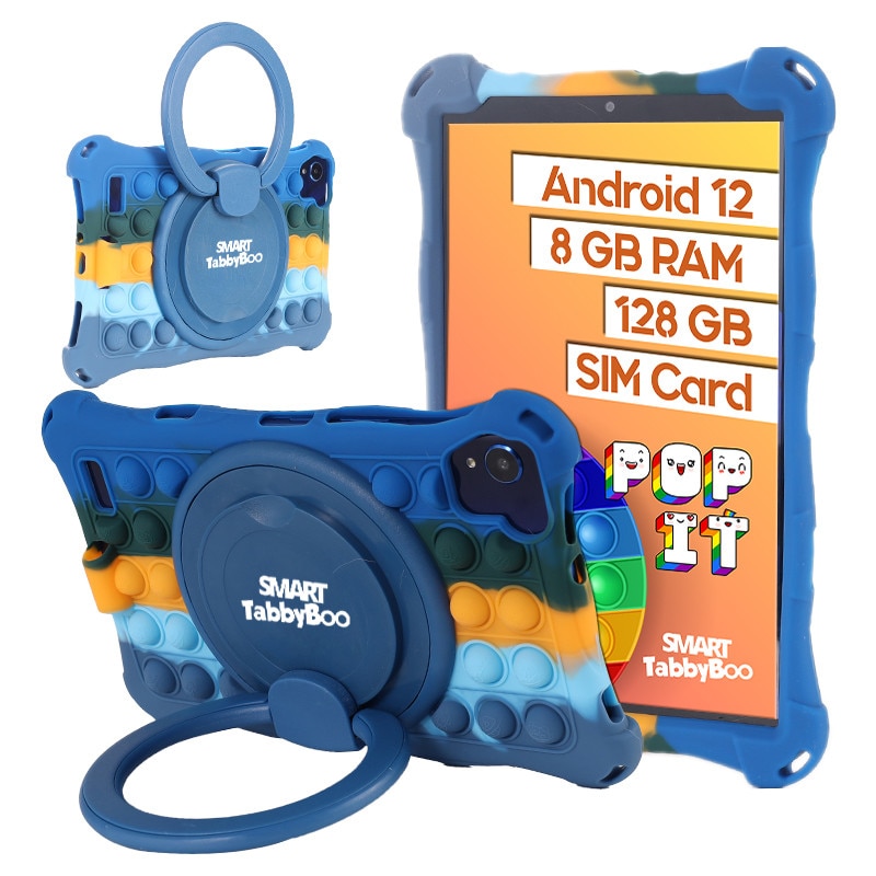 Tableta Popit, 8 inch, SIM card si Wi-Fi, 128GB, 8GB RAM, 1000 jocuri si activitati educative pentru copii, cartela SIM cadou, Android 12, OctaCore, ecranIPS, navy mixt