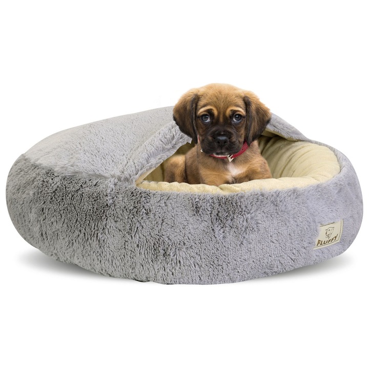 Culcus pentru caini FLUFFY, 60 cm, colorat in gri deschis, material Minky, antialergic, rezistent la umiditate