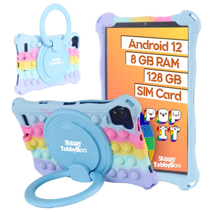 Tableta copii Popit, 8 inch, SIM card si Wi-Fi, 128GB, 8GB RAM, 1000 jocuri si activitati educative pentru copii, cartela SIM cadou, Android 12, OctaCore, ecranIPS, albastru mixt