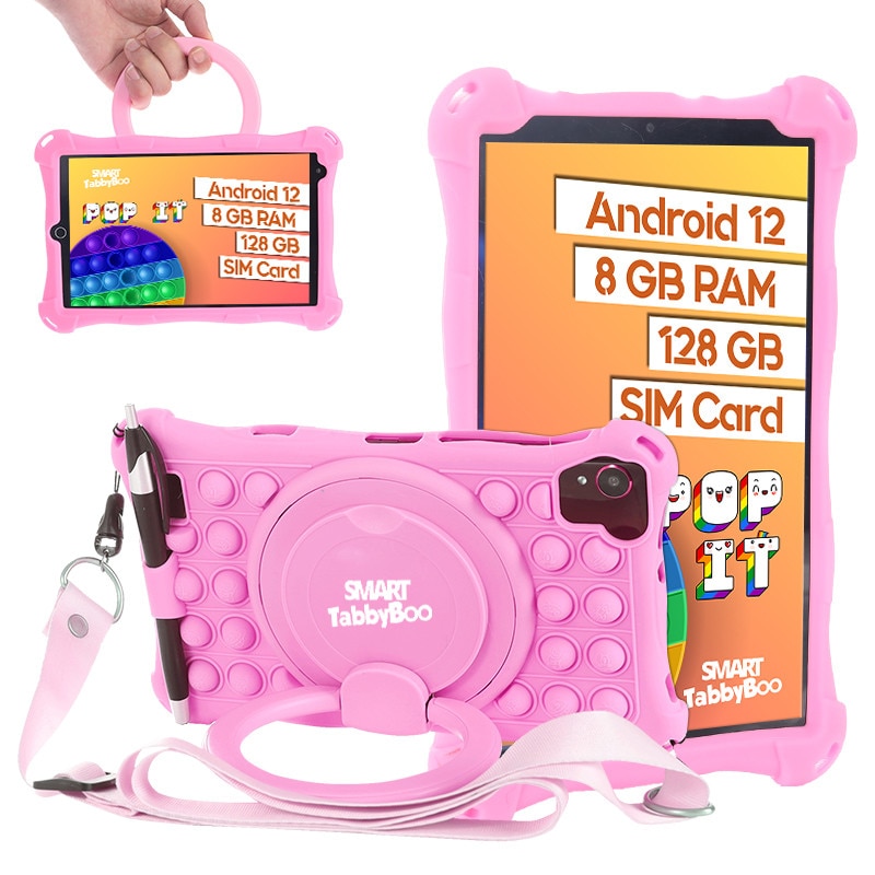Tableta copii Popit, 8 inch, SIM card si Wi-Fi, 128GB, 8GB RAM, 1000 jocuri si activitati educative pentru copii, cartela SIM cadou, Android 12, OctaCore, ecranIPS, roz