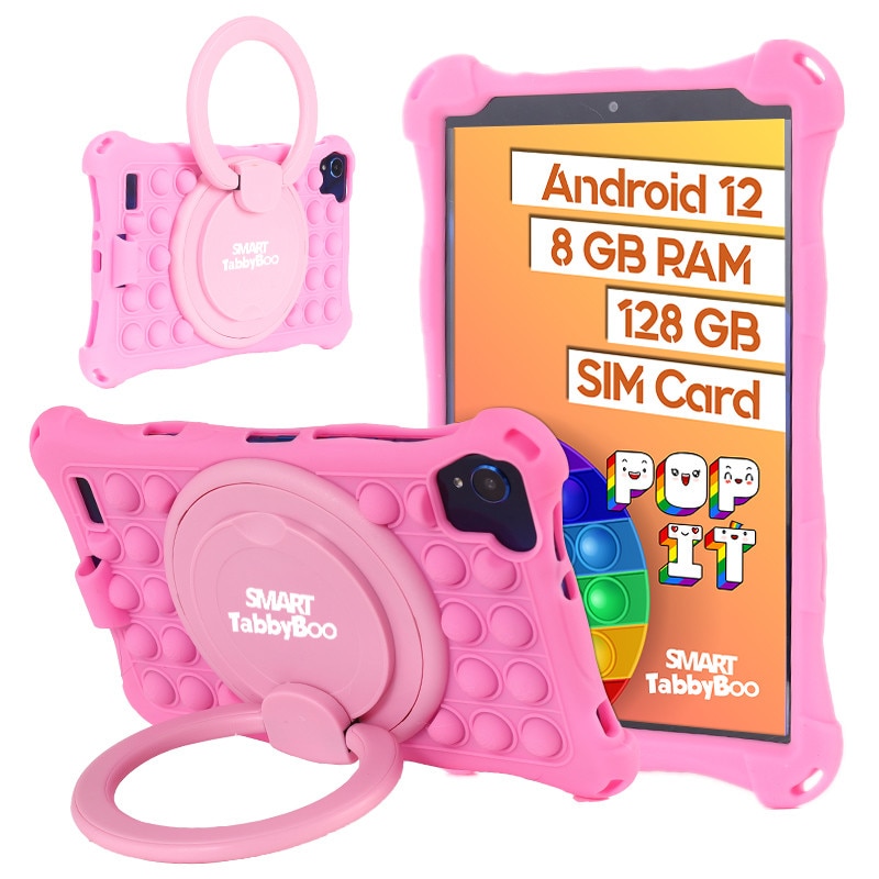 Tableta copii Popit, 8 inch, SIM card si Wi-Fi, 128GB, 8GB RAM, 1000 jocuri si activitati educative pentru copii, cartela SIM cadou, Android 12, OctaCore, ecranIPS, roz
