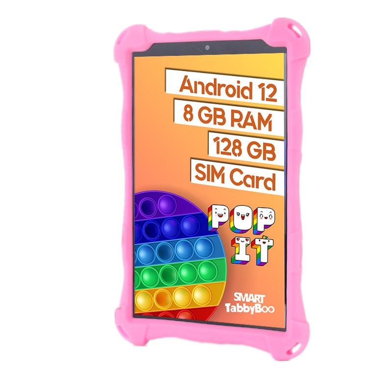 Tableta copii Popit, 8 inch, SIM card si Wi-Fi, 128GB, 8GB RAM, 1000 jocuri si activitati educative pentru copii, cartela SIM cadou, Android 12, OctaCore, ecranIPS, roz