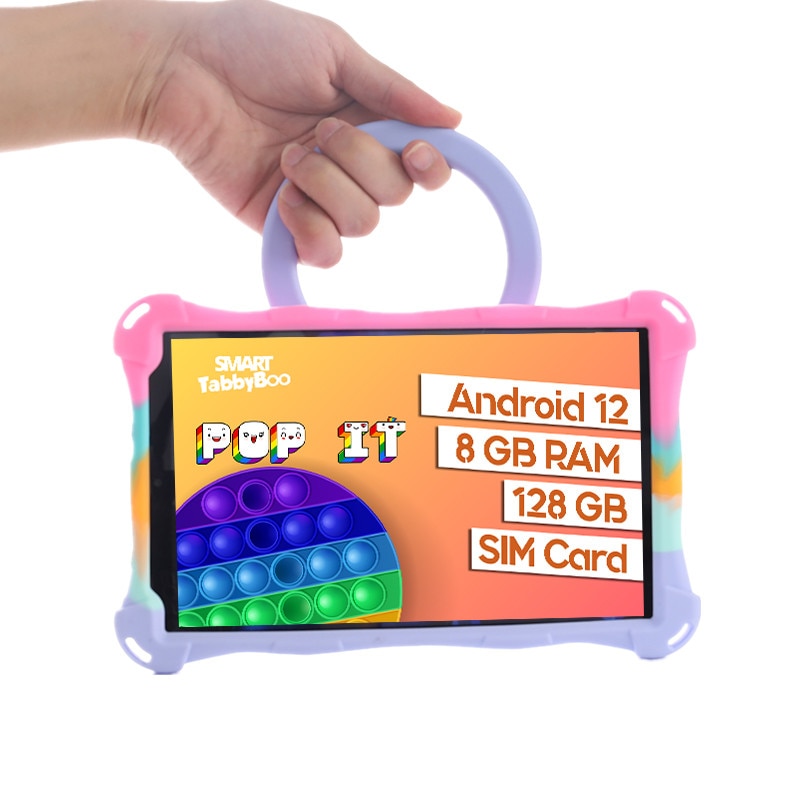 Tableta copii Popit, roz mixt, 8 inch, SIM card si Wi-Fi, 128GB, 8GB RAM, 1000 jocuri si activitati educative pentru copii, cartela SIM cadou, Android 12, OctaCore, ecranIPS