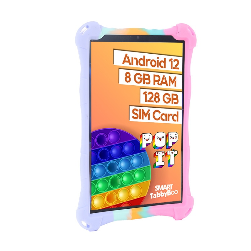Tableta copii Popit, roz mixt, 8 inch, SIM card si Wi-Fi, 128GB, 8GB RAM, 1000 jocuri si activitati educative pentru copii, cartela SIM cadou, Android 12, OctaCore, ecranIPS