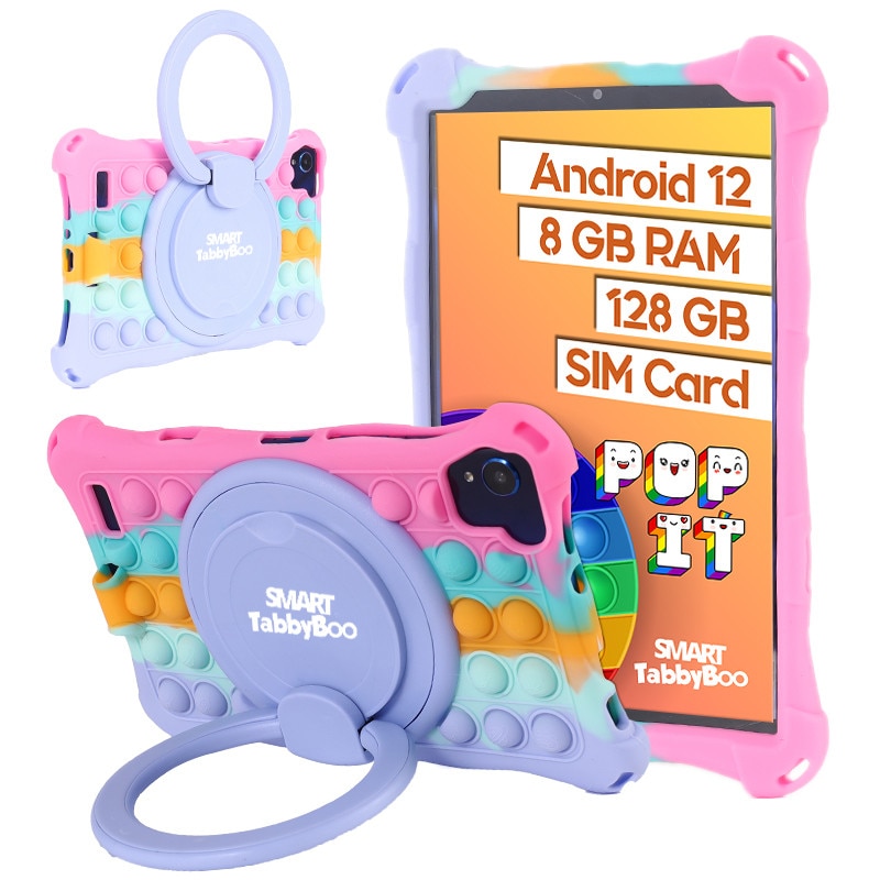 Tableta copii Popit, roz mixt, 8 inch, SIM card si Wi-Fi, 128GB, 8GB RAM, 1000 jocuri si activitati educative pentru copii, cartela SIM cadou, Android 12, OctaCore, ecranIPS