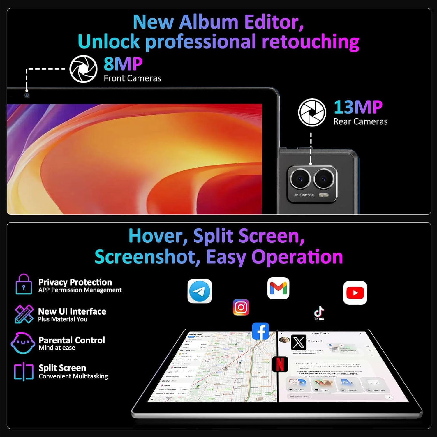 Tableta 14.1" Octa-Core, 256GB ROM, 36(12+24)GB RAM, Android 14.0, 5GHz WIFI, 2000*1200 2K FHD, 11580mAh, 13MP+8MP, Negru