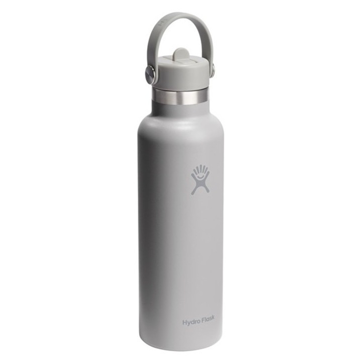 Sticla termica, termos Hydro Flask, gura standard, 0, 621 l, Izoleaza pana la 12 ore de bauturi calde, Izoleaza pana la 24 de ore de bauturi reci, Capac flexibil etans cu pai, Maner de transport, gri