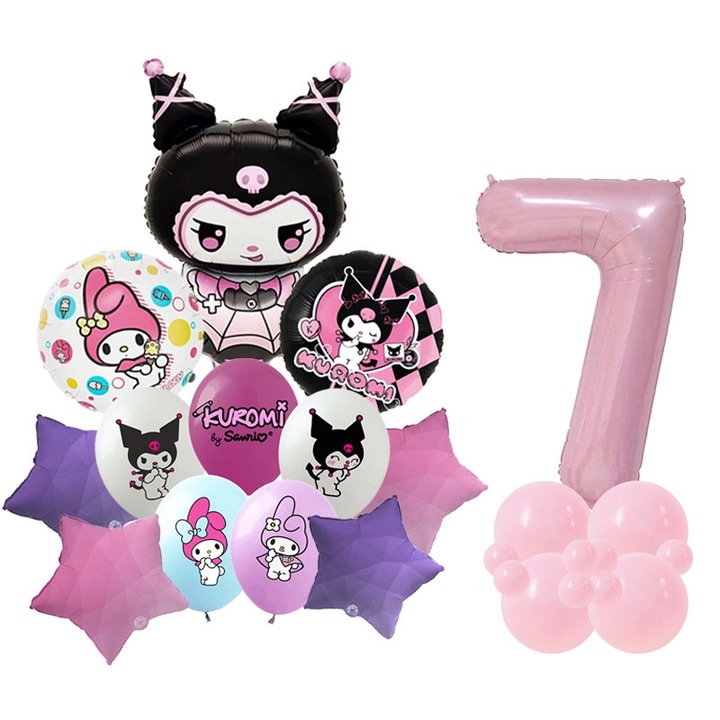 Un set fermecator de baloane Kuromi si My Melody! Include baloane din folie (inclusiv numarul 7), baloane imprimate si baloane clasice de cauciuc. Perfect pentru o petrecere de ziua de nastere sau kawaii