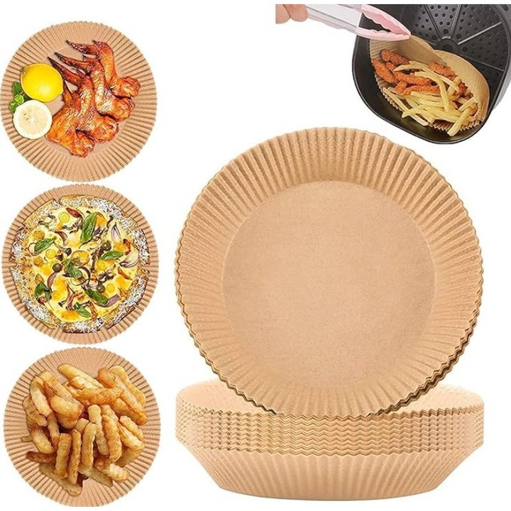 Set 50 Folii Air Fryer, Material impermeabil, Tip bol, Maro