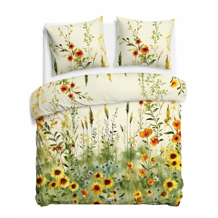 Ágyneműhuzat garnitúra, DARYMEX, 160x200cm + 2x70x80cm, szatén pamut, napraforgó mintás