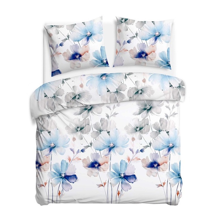 DARYMEX Satynlove ágynemű 180x200cm + 2x70x80cm, 100% pamut, virágmintás, kék