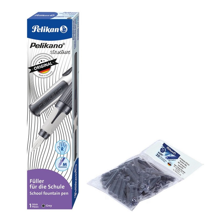 Set stilou Pelikano Structure pentru dreptaci, cutie carton, antracit cu 20 rezerve cerneala Pelikan