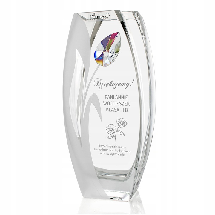 Vazon din sticla cu cristal si grawer personalizat, 32x16x9cm, pentru cadou profesorului
