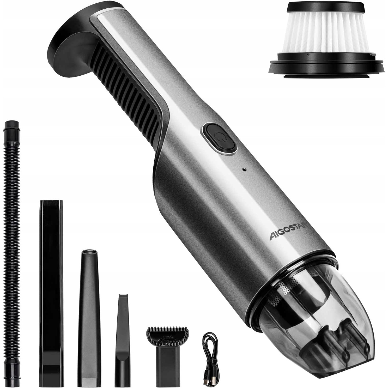 Aspirator manual Aigostar, putere mare, filtrare HEPA, argintiu/gri, set cu 5 accesorii