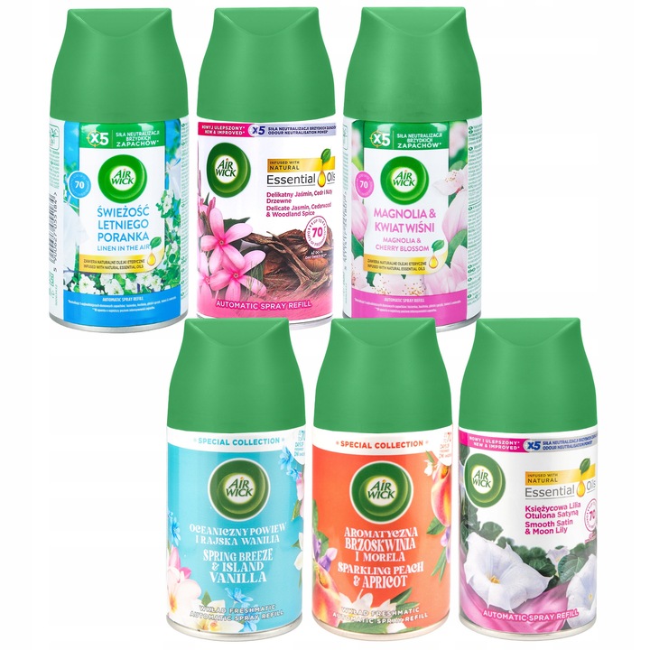 Air Wick Freshmatic illatosító szett 6x250ml - Aromás őszibarack, Magnólia, Nyári reggel frissessége, Óceáni szellő, Finom jázmin, Holdfényes liliom