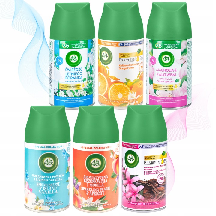 Szett 6 Air Wick Freshmatic utántöltő 250ml, Barack, Magnólia, Nyári Reggel Frissessége, Óceáni, Jázmin, Narancs illat