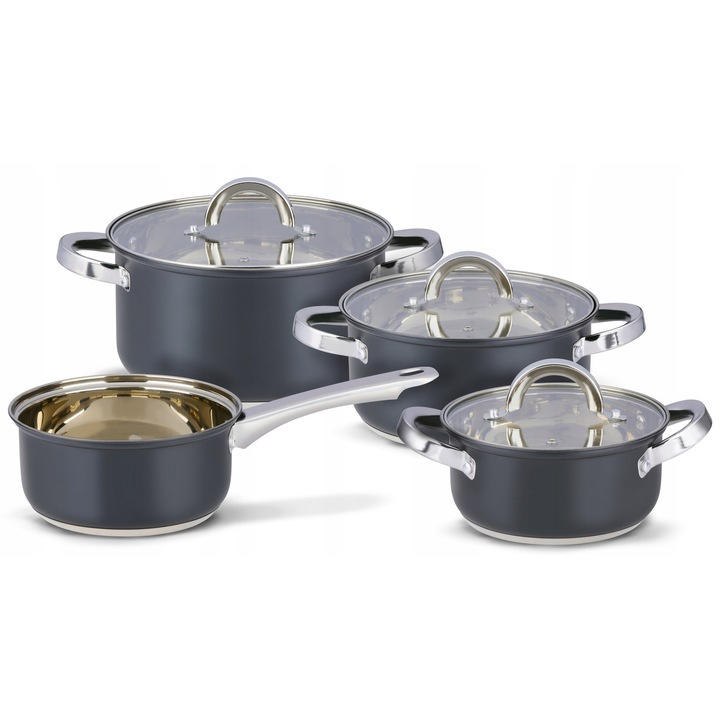 Alpina 7 részes edénykészlet, inox, matt fekete, szellőző fedél, különböző méretek