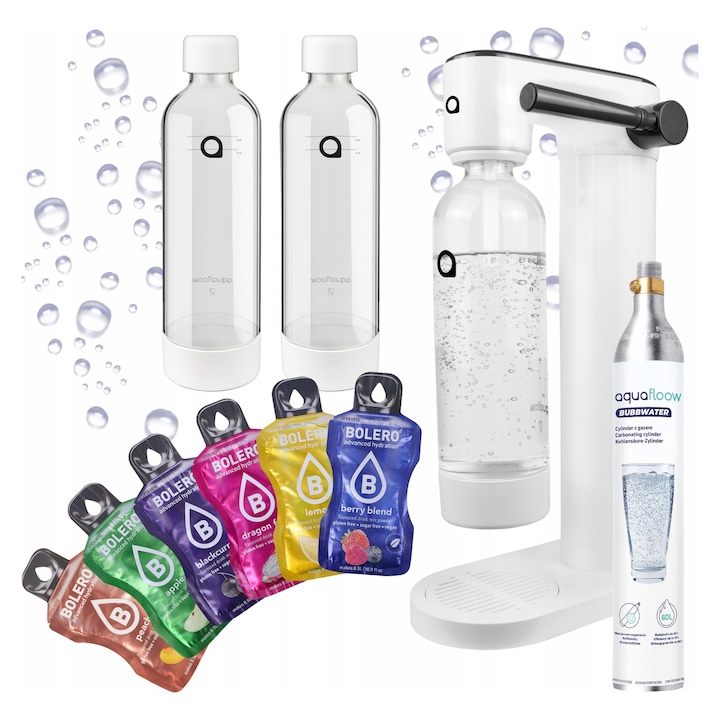 Сатуратор за газирана вода AquaFloow, комплект с 3 бутилки от 0,8 л и CO2 цилиндър, многоцветен, модерен дизайн