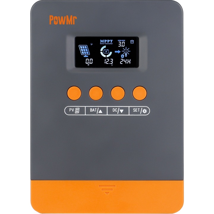 Controlor de Incarcare MPPT PowMr, 25A 12V/24V Auto, Intrare PV Max. 60V, Functioneaza cu Baterii Plumb-Acid si Litiu