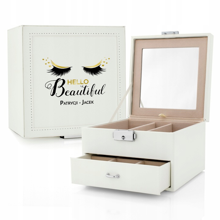 Cutie bijuterii personalizata, ecru, 16x16,5x11cm, cu oglinda si organizator pentru bijuterii