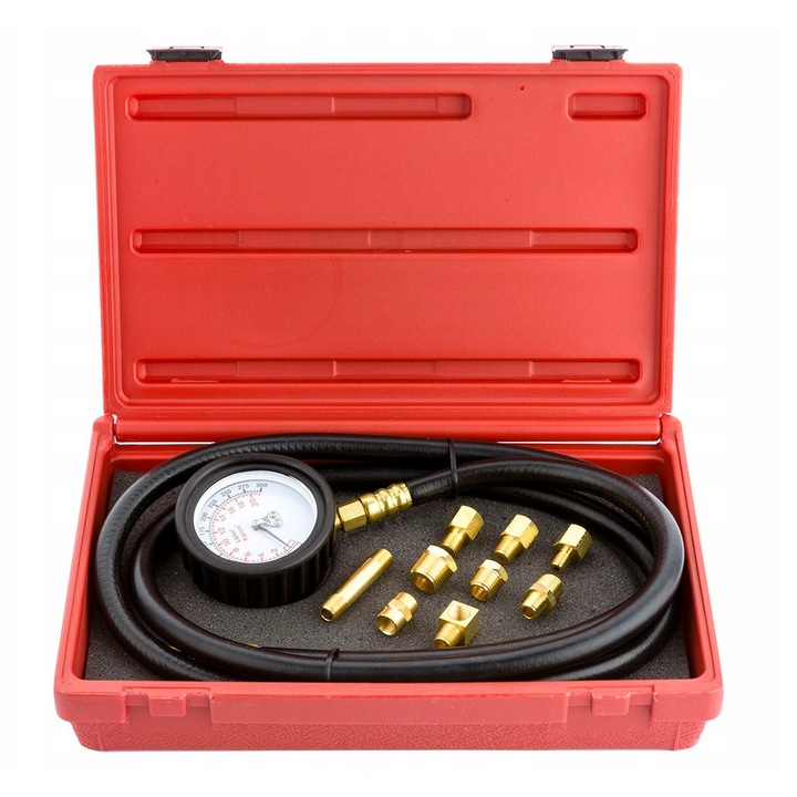 Boxo olajnyomásmérő teszter, 0–21 bar, manométerrel és 10 adapterrel, 60 cm-es tömlővel