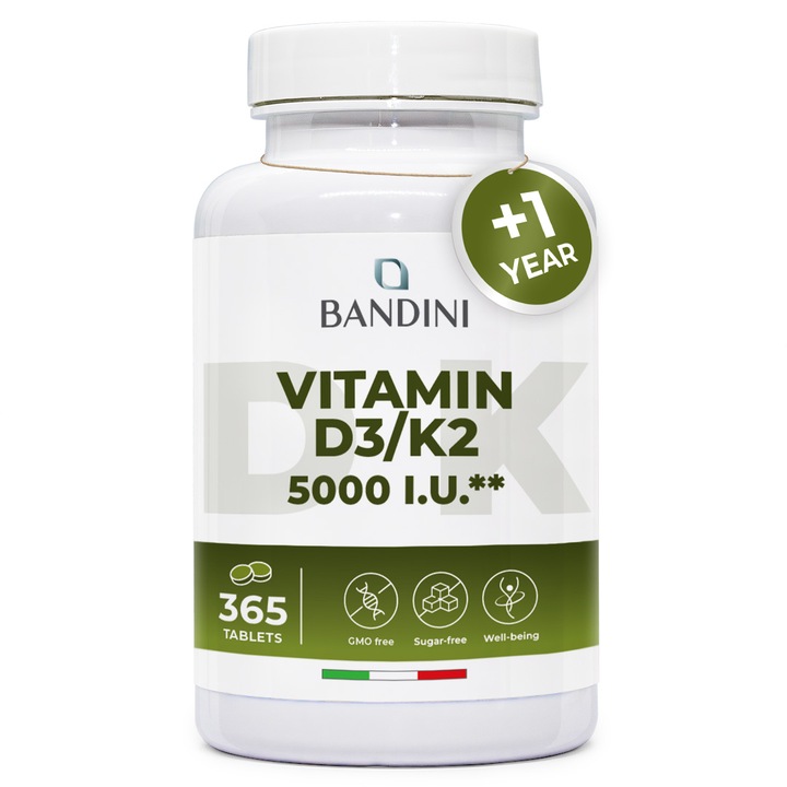 Bandini® Vitamina D3 K2, 365 de comprimate usor de inghitit, 5000 UI Vitamina D3 + 100 mcg Vitamina K2 MK-7 99% trans, Pentru oase, dinti, muschi, articulatii si sistemul imunitar, Supliment vegan de inalta concentratie