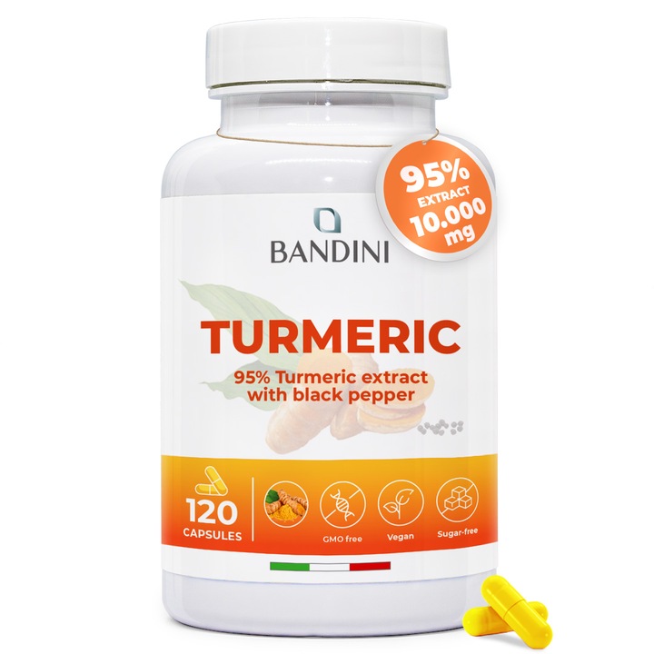 Supliment alimentar Bandini, Turmeric 120 capsule, 700 mg/capsulă, cu piperină, vegan