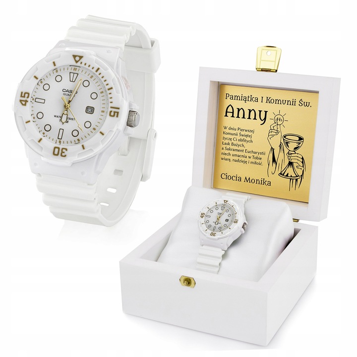 Ceas copii Casio cu grawer, alb, mecanism quartz, set cu cutie personalizata 11x11x6cm