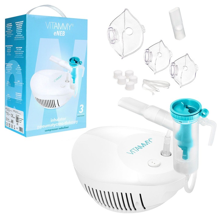 Aparat de aerosoli Vitammy eNEB, nebulizator cu compresor, 3 moduri de nebulizare, 3 masti, piesa bucala, furtun de 1.6 m, 5 filtre aer, oprire automata