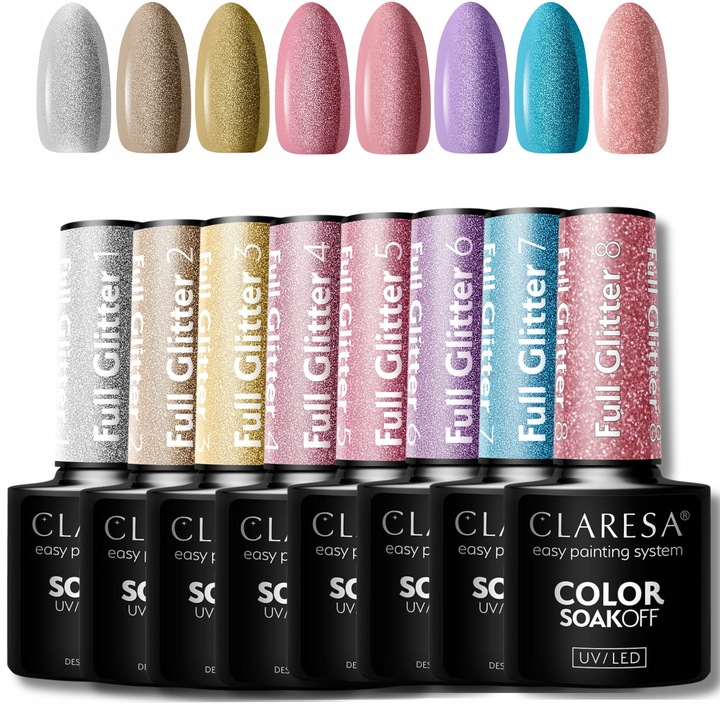 Set oje hibridice Claresa Full Glitter 8szt, multicolor, aplicare usoara, durabilitate 3 saptamani