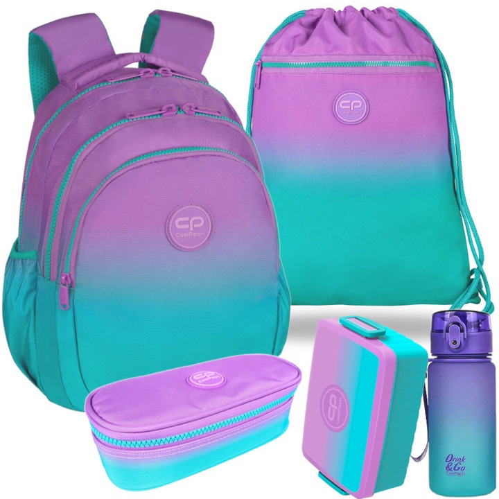 Plecaciune scolara CoolPack, set cu penar, sac, bidon si cutie de pranz, multicolor, 39x28x15cm, 21l