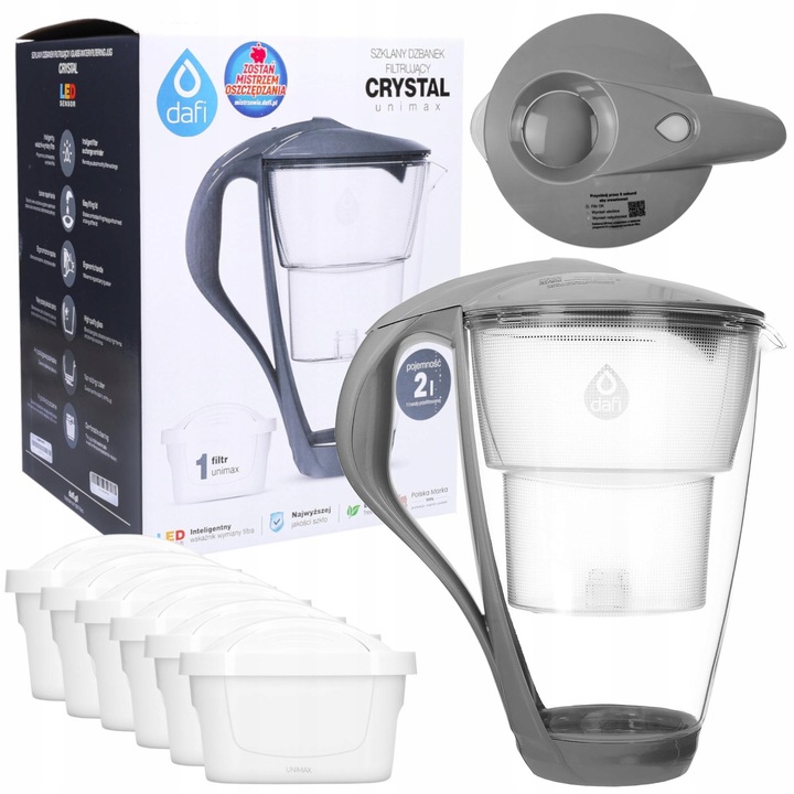Set dzbana filtrant Dafi Crystal 2L, 6x filtru Unimax, gri, sticla