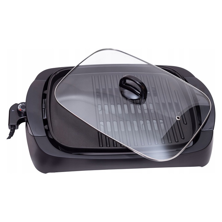 Grill electric ADLER AD6610, 3000 W, placa cu strat antiaderent, doua zone de gatit (plata si striata), capac din sticla, controler detasabil, negru/transparent