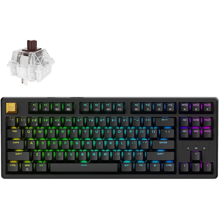 Tastatura gaming mecanica wireless Keychron J4 QMK, 2.4 GHz/Bluetooth/Type-C, switch-uri Super Red, hot swappable, iluminare dinamica RGB, Keychron Web Launcher, layout 80%, Mac/Windows/Linux, negru