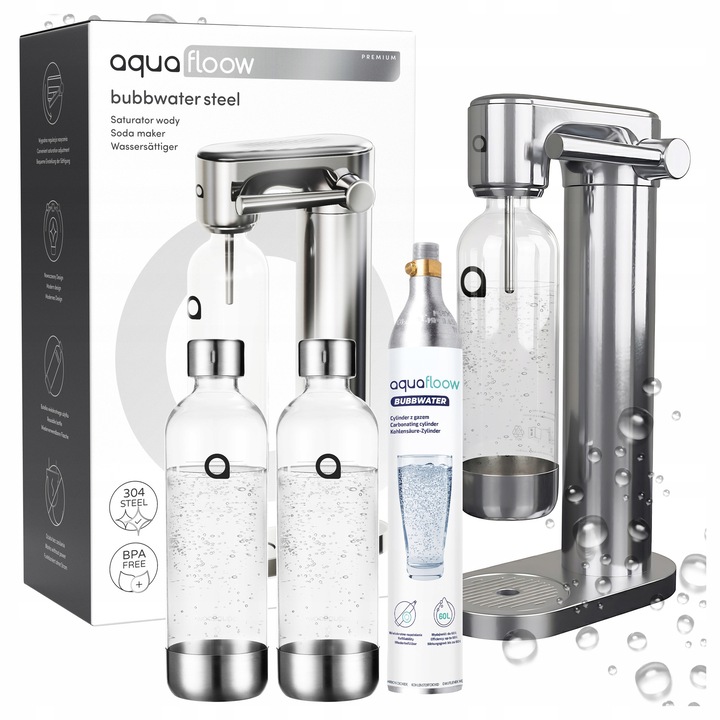 Сатуратор за вода AquaFloow Bubbwater Steel, комплект с 2 бутилки 0,8 л, CO2 цилиндър, инокс, елегантен дизайн