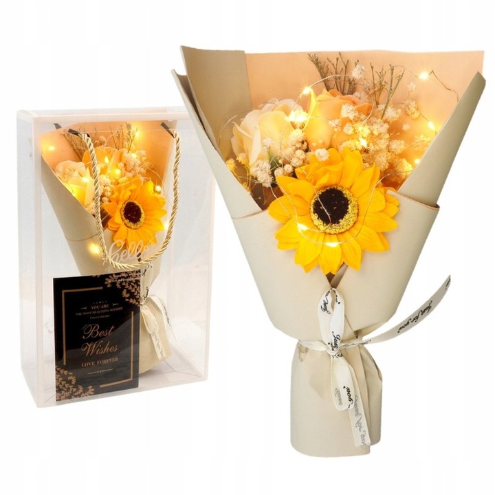 Bukiet flori parfumate din sapun in cutie, cu lumini LED, Ecarla, 26cm x 11cm, 28cm x 18cm x 10cm