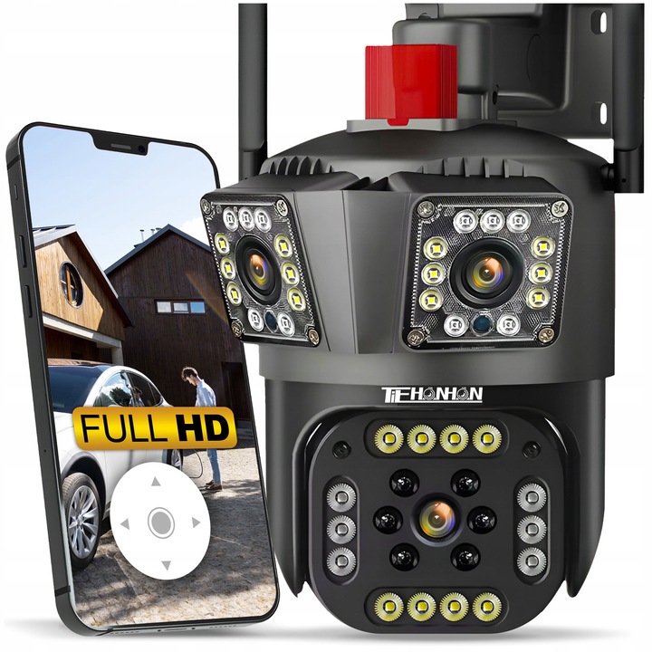 TIEHANHAN Външна камера за наблюдение, двойна, 2x2MP, детекция на движение, завъртане 355x110, устойчива на атмосферни влияния