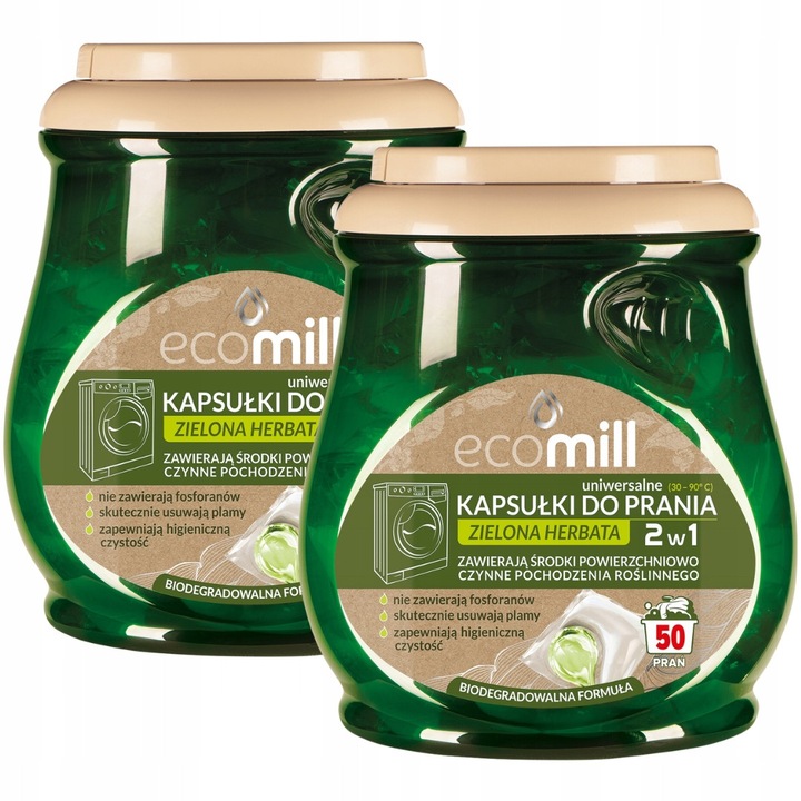 Detergent rufe, Ecomill, kapsulki universale cu extract de ceai verde, 100 bucati, formula biodegradabila