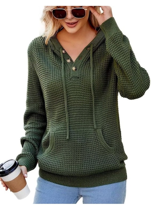 Hanorac Tricotat cu Gluga pentru Femei – Confortabil, Usor si Versatil pentru Toamna, Primavara si Iarna, Verde, Marimea S